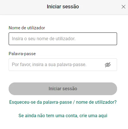 Área de início de sessão – entrar na conta de utilizador
